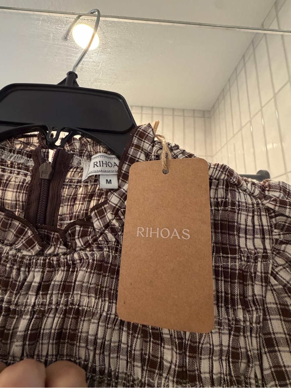RIHOAS Brown Gingham Smocked Mini Dress with Puff Sleeves - Picture 5 of 7